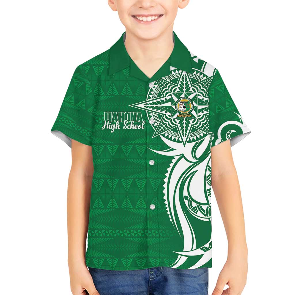 Personalised Liahona - Saineha High School Family Matching Off Shoulder Short Dress and Hawaiian Shirt Tongan Ngatu Pattern LT14 Son's Shirt Green - Polynesian Pride