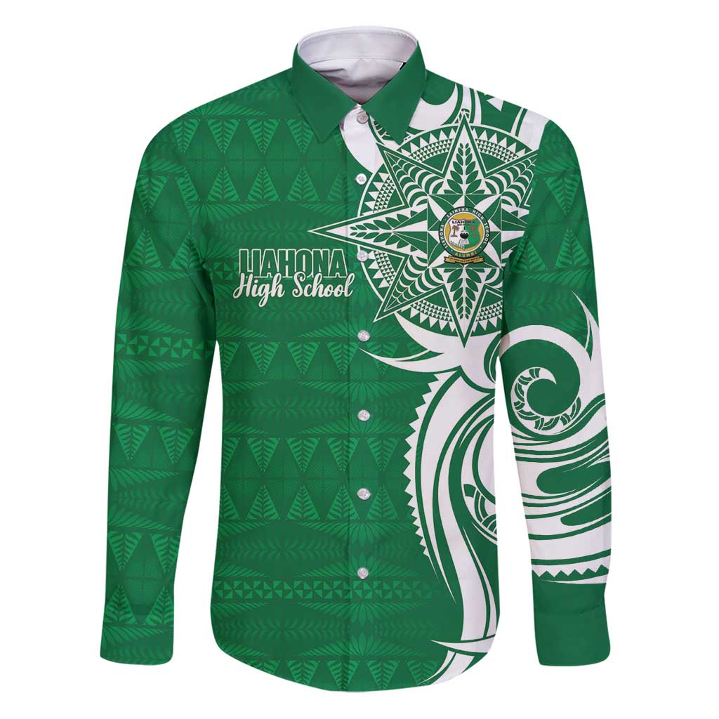 Personalised Liahona - Saineha High School Family Matching Puletasi and Hawaiian Shirt Tongan Ngatu Pattern LT14 Dad's Shirt - Long Sleeve Green - Polynesian Pride