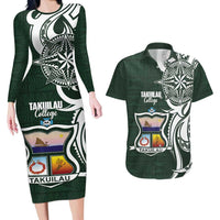 Personalised Tonga Takuilau College Couples Matching Long Sleeve Bodycon Dress and Hawaiian Shirt Est 1975 Tongan Ngatu Pattern LT14 Green - Polynesian Pride