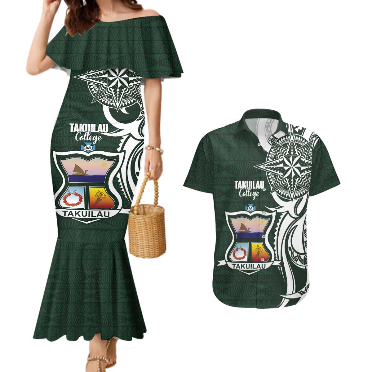 Personalised Tonga Takuilau College Couples Matching Mermaid Dress and Hawaiian Shirt Est 1975 Tongan Ngatu Pattern - Polynesian Pride