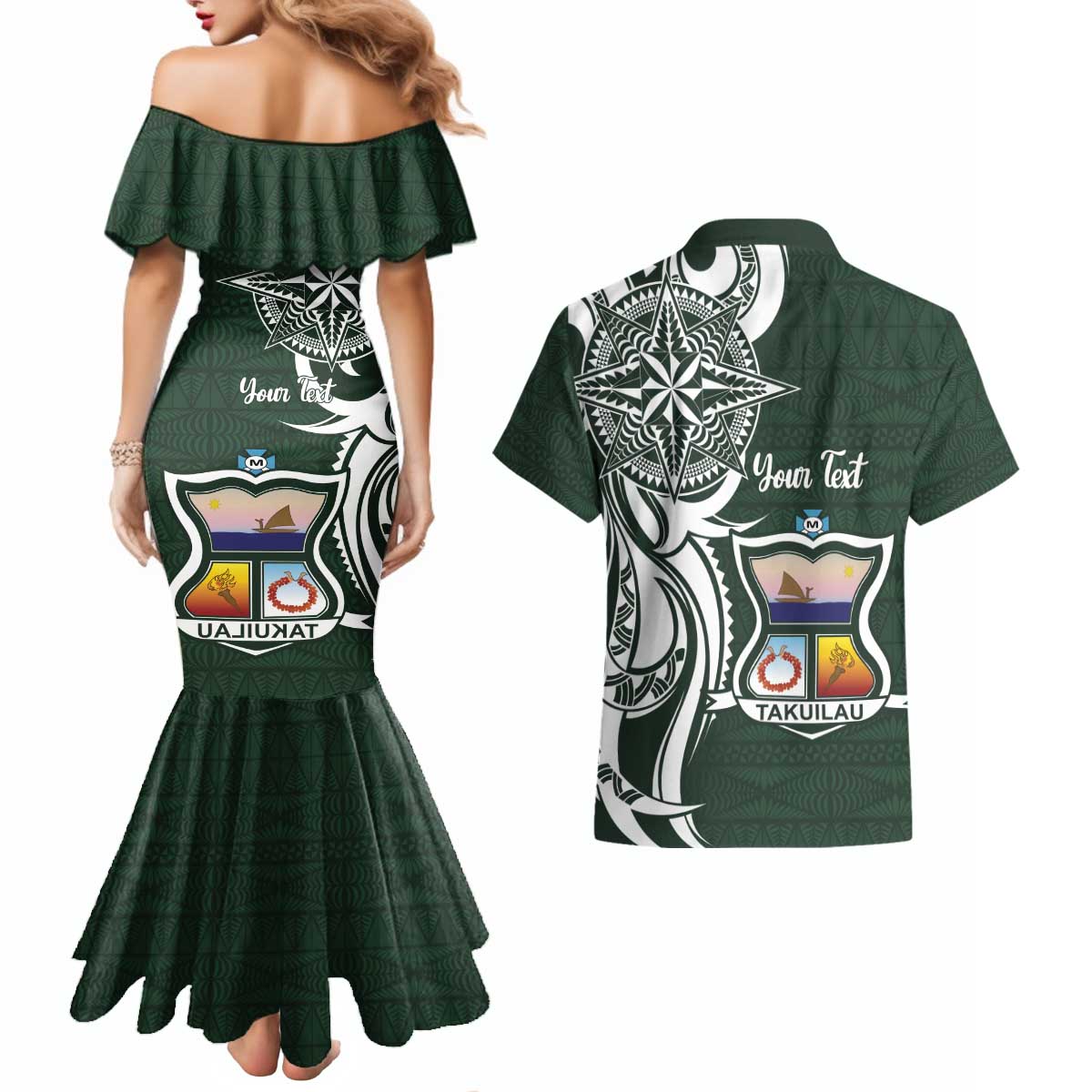 Personalised Tonga Takuilau College Couples Matching Mermaid Dress and Hawaiian Shirt Est 1975 Tongan Ngatu Pattern LT14 - Polynesian Pride