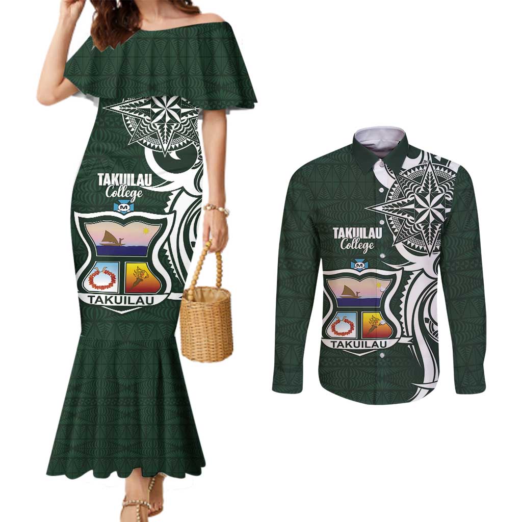 Personalised Tonga Takuilau College Couples Matching Mermaid Dress and Long Sleeve Button Shirt Est 1975 Tongan Ngatu Pattern - Polynesian Pride