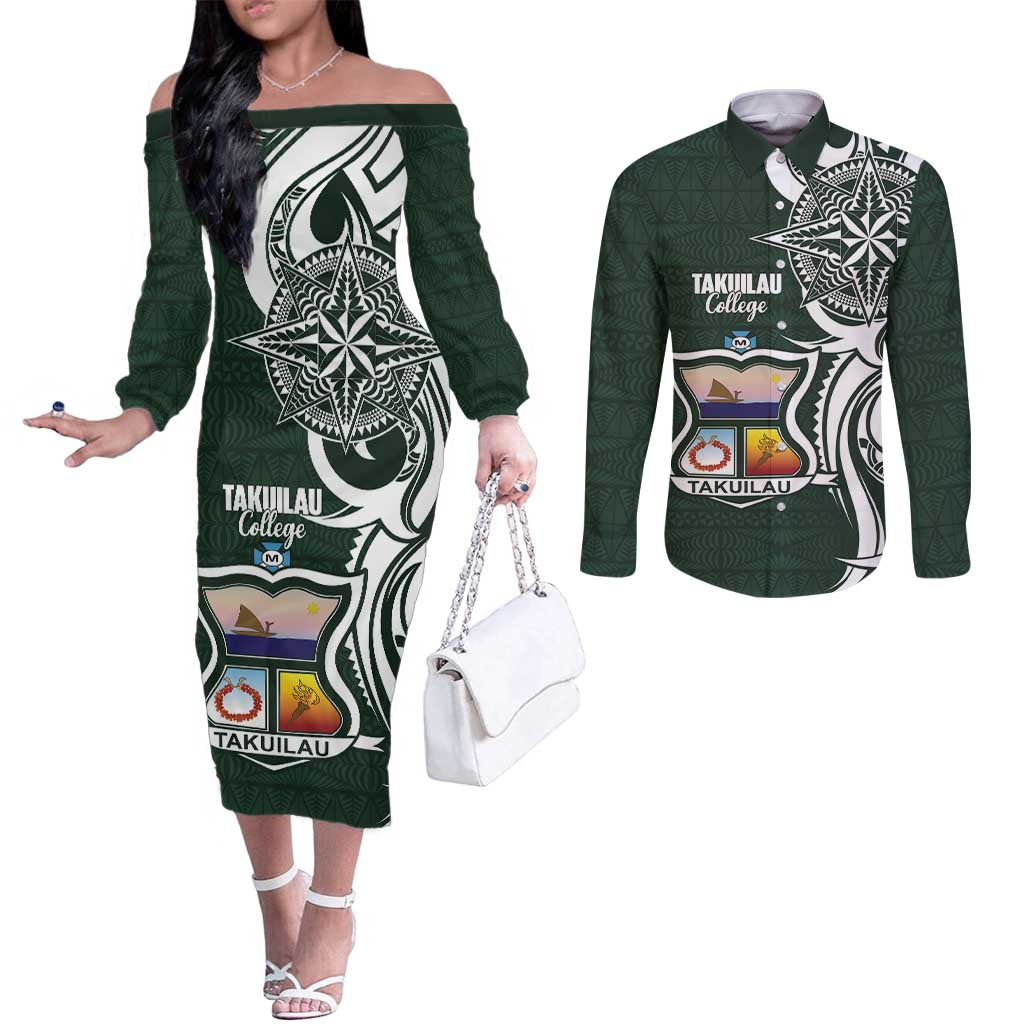 Personalised Tonga Takuilau College Couples Matching Off The Shoulder Long Sleeve Dress and Long Sleeve Button Shirt Est 1975 Tongan Ngatu Pattern LT14 Green - Polynesian Pride