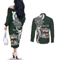 Personalised Tonga Takuilau College Couples Matching Off The Shoulder Long Sleeve Dress and Long Sleeve Button Shirt Est 1975 Tongan Ngatu Pattern LT14 - Polynesian Pride