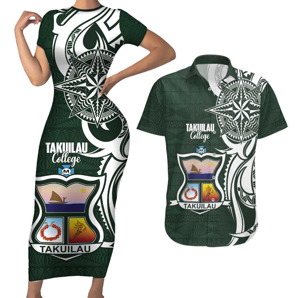 Personalised Tonga Takuilau College Couples Matching Short Sleeve Bodycon Dress and Hawaiian Shirt Est 1975 Tongan Ngatu Pattern LT14 Green - Polynesian Pride