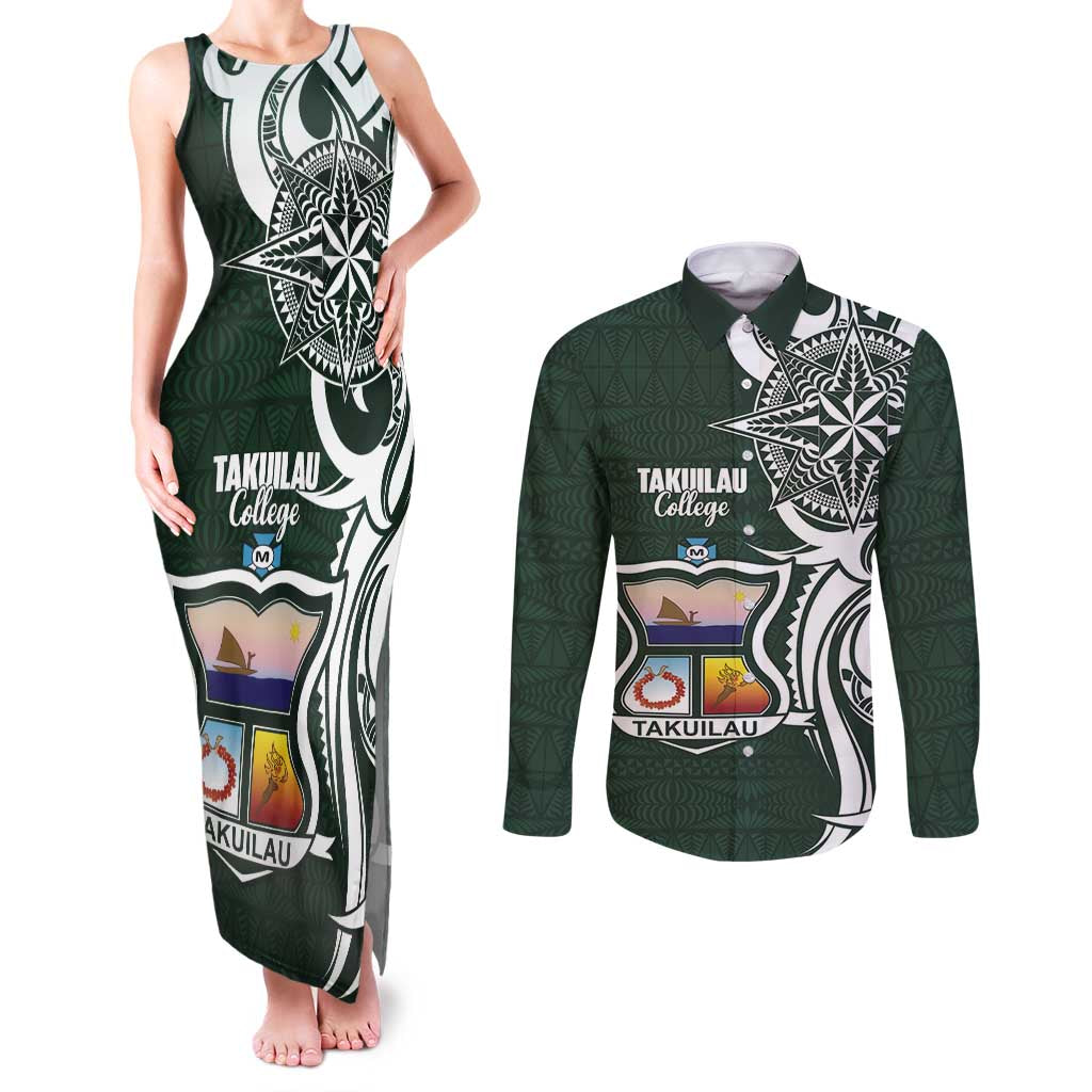 Personalised Tonga Takuilau College Couples Matching Tank Maxi Dress and Long Sleeve Button Shirt Est 1975 Tongan Ngatu Pattern - Polynesian Pride