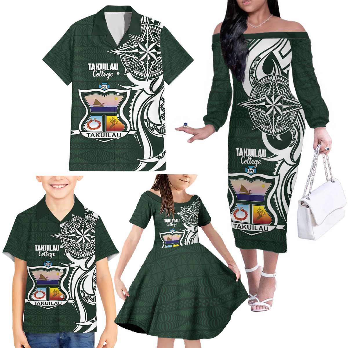 Personalised Tonga Takuilau College Family Matching Off The Shoulder Long Sleeve Dress and Hawaiian Shirt Est 1975 Tongan Ngatu Pattern - Polynesian Pride