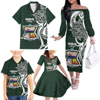 Personalised Tonga Takuilau College Family Matching Off The Shoulder Long Sleeve Dress and Hawaiian Shirt Est 1975 Tongan Ngatu Pattern LT14 - Polynesian Pride
