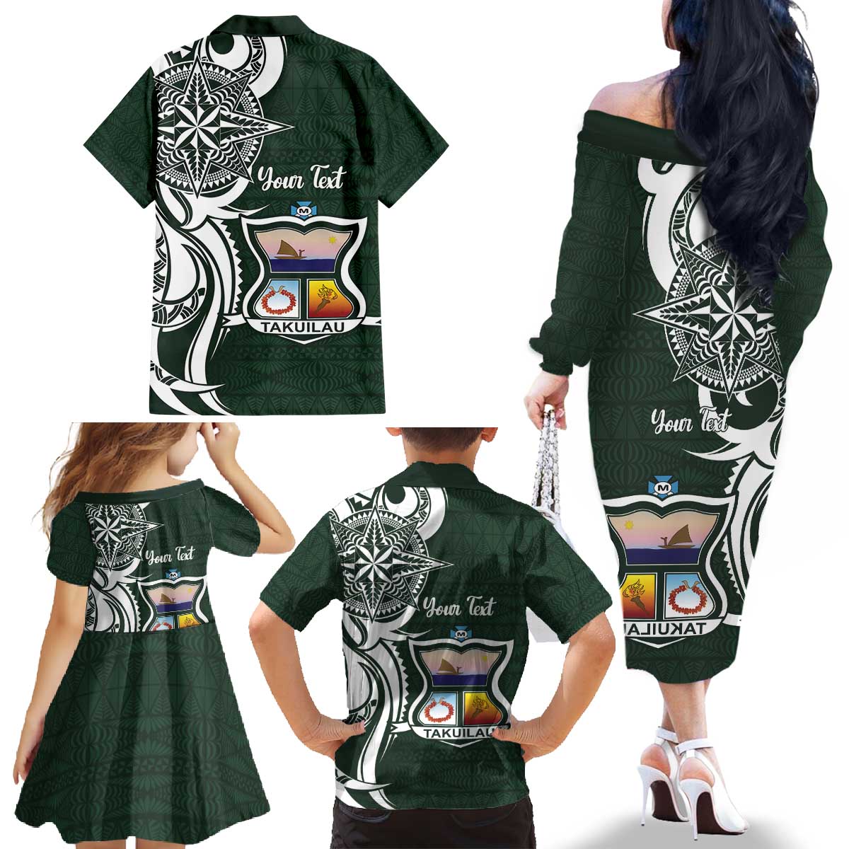 Personalised Tonga Takuilau College Family Matching Off The Shoulder Long Sleeve Dress and Hawaiian Shirt Est 1975 Tongan Ngatu Pattern LT14 - Polynesian Pride
