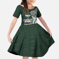 Personalised Tonga Takuilau College Family Matching Off Shoulder Maxi Dress and Hawaiian Shirt Est 1975 Tongan Ngatu Pattern LT14 Daughter's Dress Green - Polynesian Pride