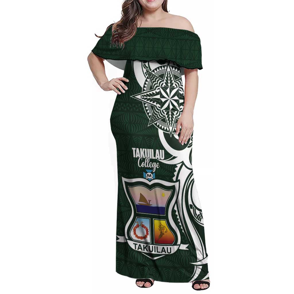 Personalised Tonga Takuilau College Family Matching Off Shoulder Maxi Dress and Hawaiian Shirt Est 1975 Tongan Ngatu Pattern LT14 Mom's Dress Green - Polynesian Pride
