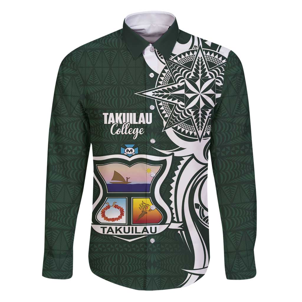 Personalised Tonga Takuilau College Family Matching Puletasi and Hawaiian Shirt Est 1975 Tongan Ngatu Pattern LT14 Dad's Shirt - Long Sleeve Green - Polynesian Pride