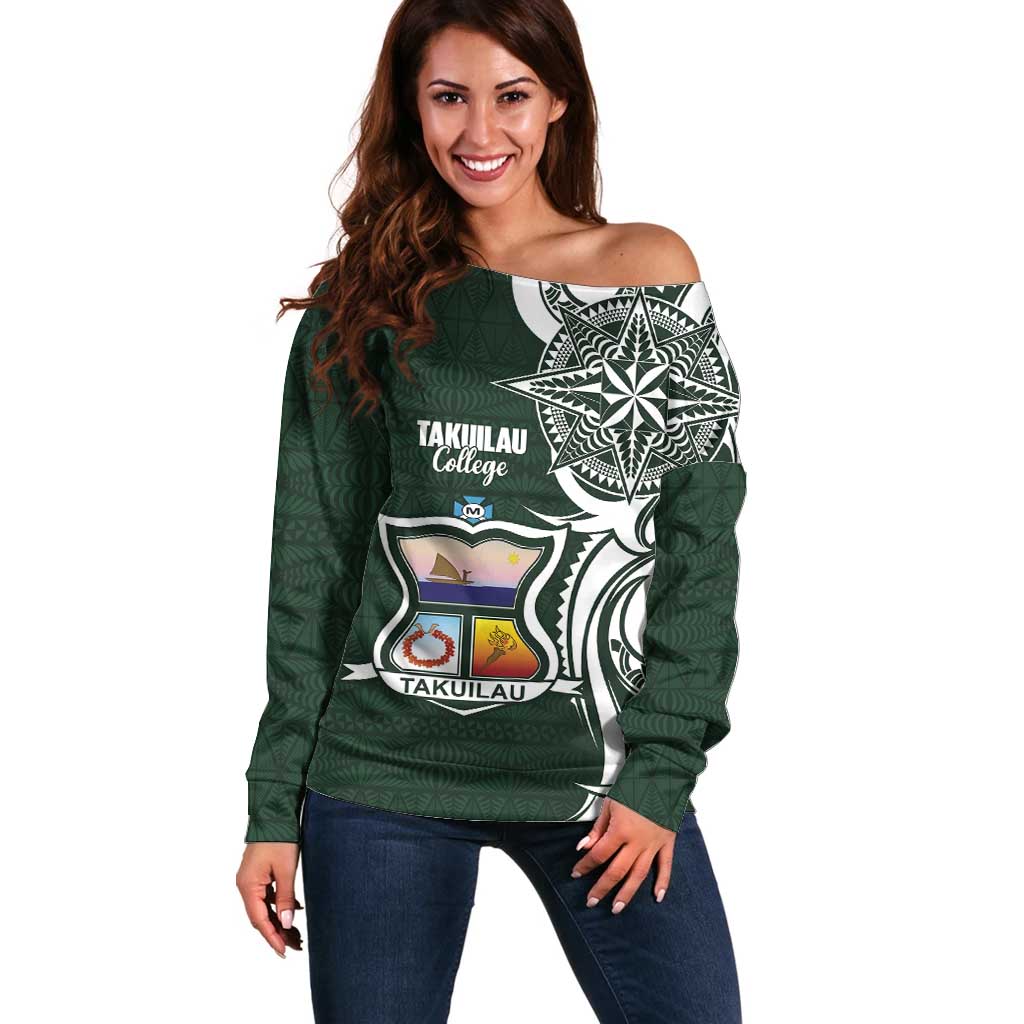 Personalised Tonga Takuilau College Off Shoulder Sweater Est 1975 Tongan Ngatu Pattern - Polynesian Pride