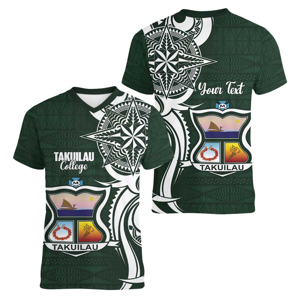 Personalised Tonga Takuilau College Women V-Neck T-Shirt Est 1975 Tongan Ngatu Pattern - Polynesian Pride