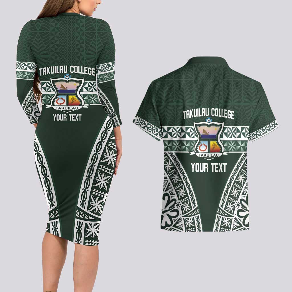 Personalised Tonga Takuilau College Couples Matching Long Sleeve Bodycon Dress and Hawaiian Shirt 50th Anniversary Ngatu Kupesi LT14 - Polynesian Pride