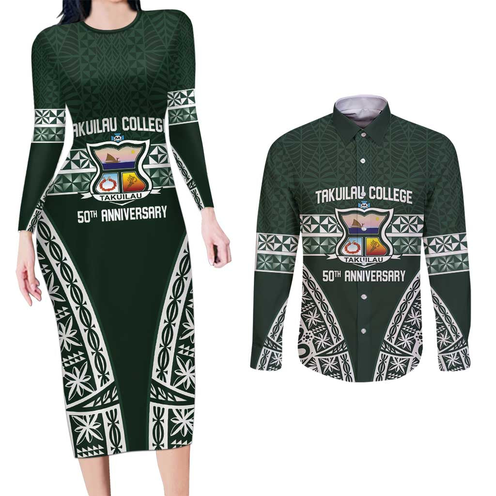Personalised Tonga Takuilau College Couples Matching Long Sleeve Bodycon Dress and Long Sleeve Button Shirt 50th Anniversary Ngatu Kupesi LT14 Green - Polynesian Pride