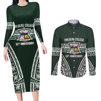Personalised Tonga Takuilau College Couples Matching Long Sleeve Bodycon Dress and Long Sleeve Button Shirt 50th Anniversary Ngatu Kupesi LT14 Green - Polynesian Pride
