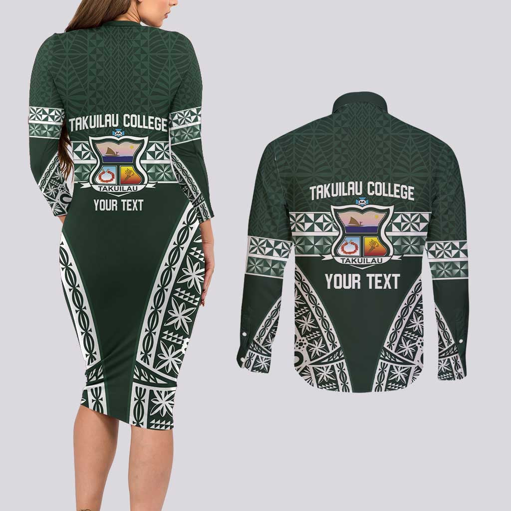 Personalised Tonga Takuilau College Couples Matching Long Sleeve Bodycon Dress and Long Sleeve Button Shirt 50th Anniversary Ngatu Kupesi LT14 - Polynesian Pride