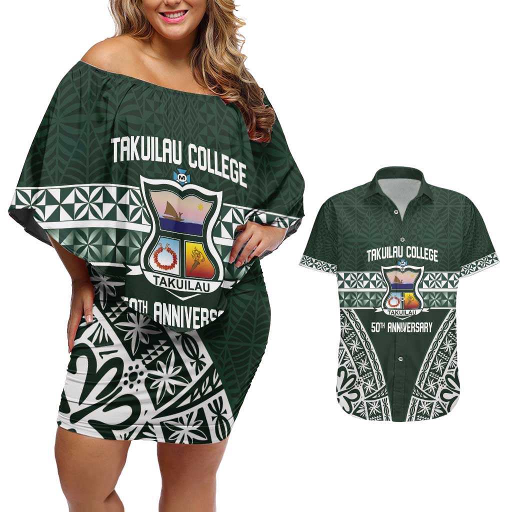 Personalised Tonga Takuilau College Couples Matching Off Shoulder Short Dress and Hawaiian Shirt 50th Anniversary Ngatu Kupesi LT14 Green - Polynesian Pride