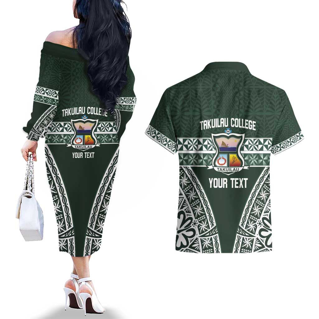 Personalised Tonga Takuilau College Couples Matching Off The Shoulder Long Sleeve Dress and Hawaiian Shirt 50th Anniversary Ngatu Kupesi LT14 - Polynesian Pride
