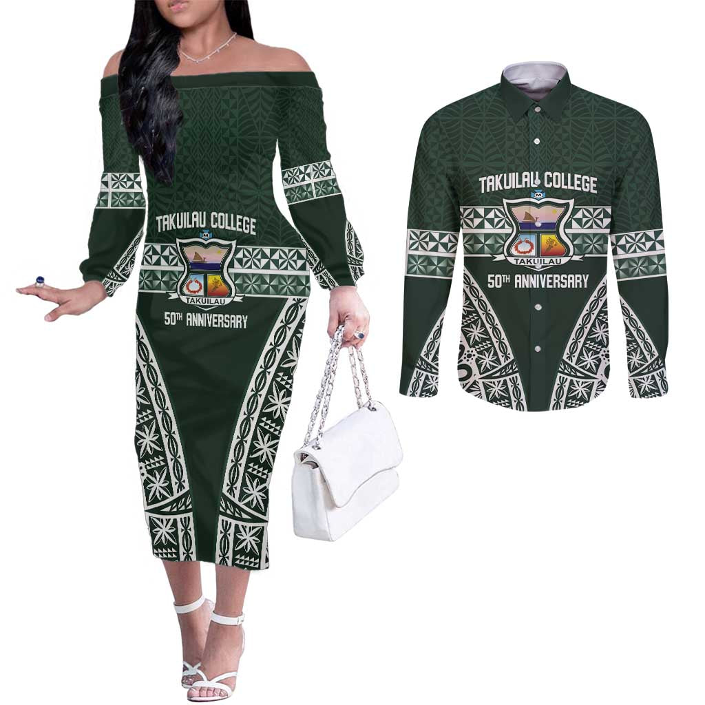 Personalised Tonga Takuilau College Couples Matching Off The Shoulder Long Sleeve Dress and Long Sleeve Button Shirt 50th Anniversary Ngatu Kupesi LT14 Green - Polynesian Pride