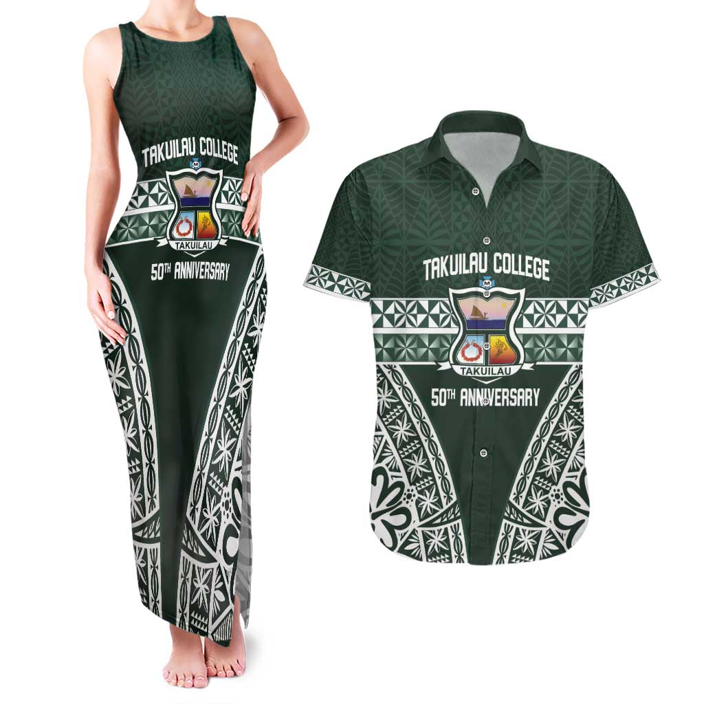 Personalised Tonga Takuilau College Couples Matching Tank Maxi Dress and Hawaiian Shirt 50th Anniversary Ngatu Kupesi LT14 Green - Polynesian Pride