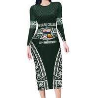 Personalised Tonga Takuilau College Family Matching Long Sleeve Bodycon Dress and Hawaiian Shirt 50th Anniversary Ngatu Kupesi LT14 Mom's Dress Green - Polynesian Pride