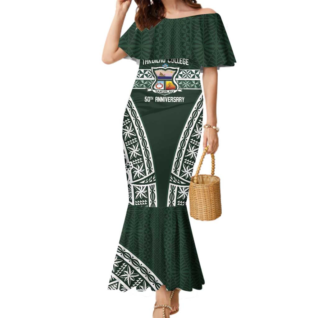 Personalised Tonga Takuilau College Family Matching Mermaid Dress and Hawaiian Shirt 50th Anniversary Ngatu Kupesi LT14 Mom's Dress Green - Polynesian Pride