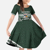 Personalised Tonga Takuilau College Family Matching Off The Shoulder Long Sleeve Dress and Hawaiian Shirt 50th Anniversary Ngatu Kupesi LT14 Daughter's Dress Green - Polynesian Pride
