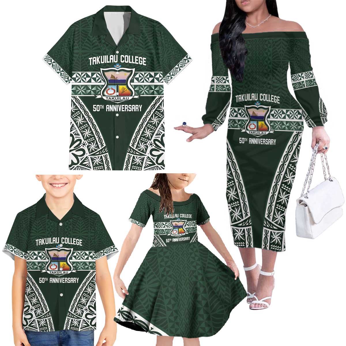 Personalised Tonga Takuilau College Family Matching Off The Shoulder Long Sleeve Dress and Hawaiian Shirt 50th Anniversary Ngatu Kupesi LT14 - Polynesian Pride