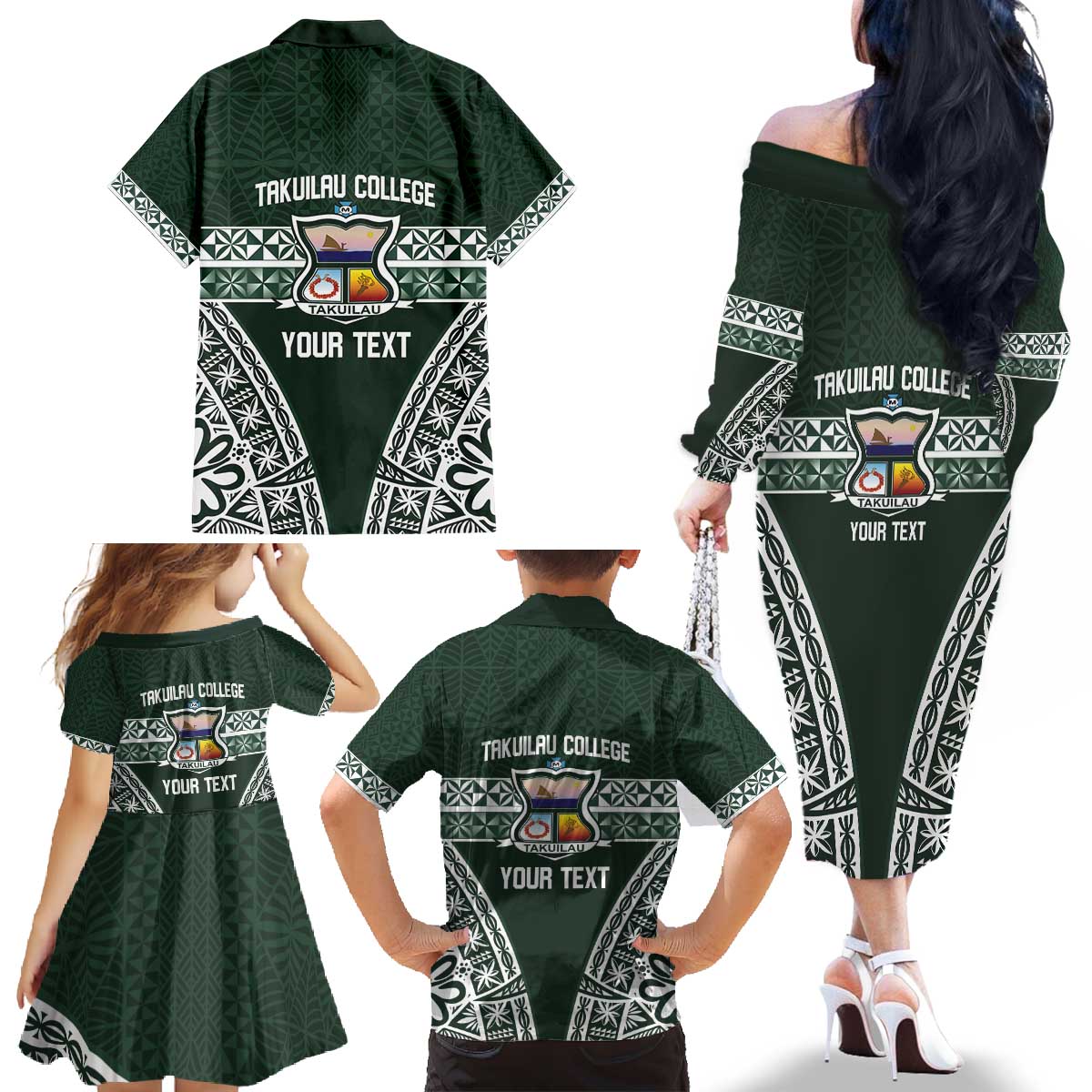 Personalised Tonga Takuilau College Family Matching Off The Shoulder Long Sleeve Dress and Hawaiian Shirt 50th Anniversary Ngatu Kupesi LT14 - Polynesian Pride