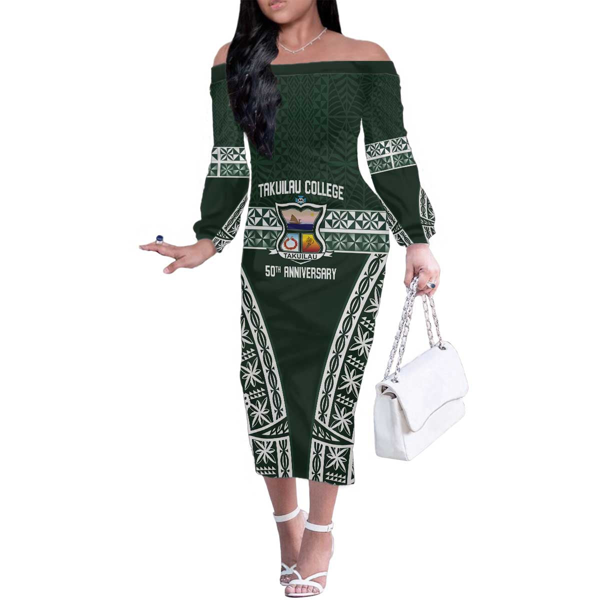 Personalised Tonga Takuilau College Family Matching Off The Shoulder Long Sleeve Dress and Hawaiian Shirt 50th Anniversary Ngatu Kupesi LT14 Mom's Dress Green - Polynesian Pride