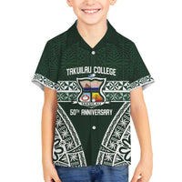 Personalised Tonga Takuilau College Family Matching Off The Shoulder Long Sleeve Dress and Hawaiian Shirt 50th Anniversary Ngatu Kupesi LT14 Son's Shirt Green - Polynesian Pride