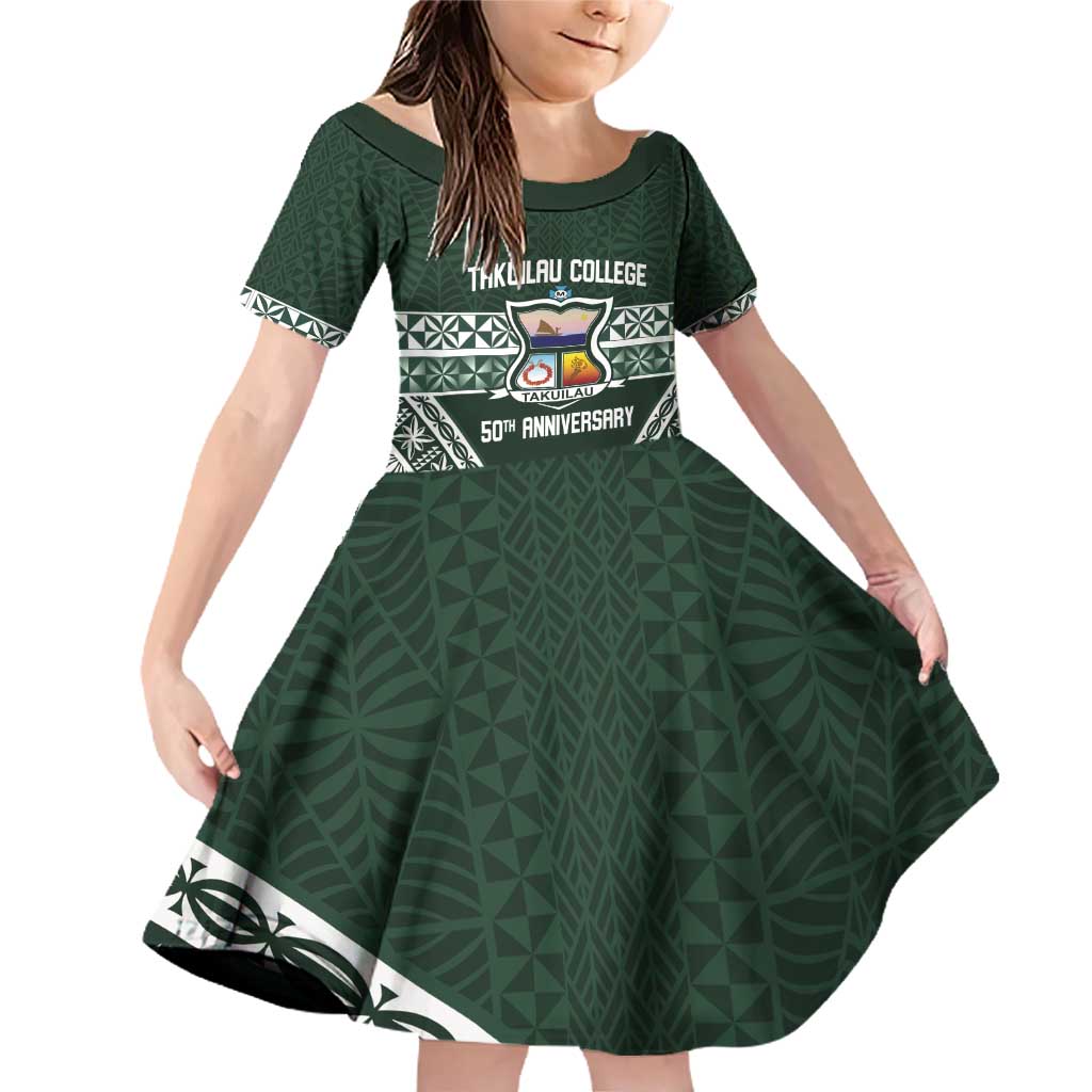 Personalised Tonga Takuilau College Family Matching Off Shoulder Short Dress and Hawaiian Shirt 50th Anniversary Ngatu Kupesi LT14 Daughter's Dress Green - Polynesian Pride