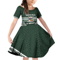 Personalised Tonga Takuilau College Family Matching Off Shoulder Short Dress and Hawaiian Shirt 50th Anniversary Ngatu Kupesi LT14 Daughter's Dress Green - Polynesian Pride