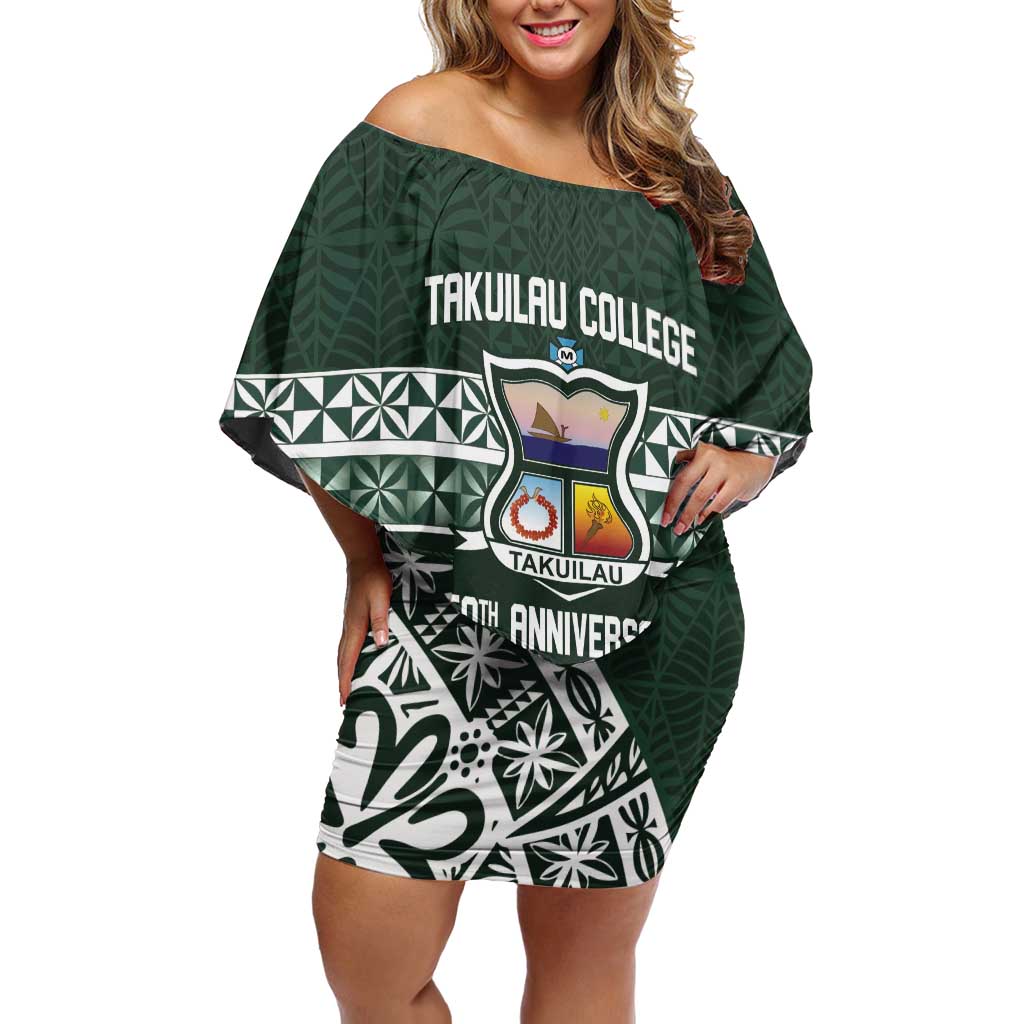 Personalised Tonga Takuilau College Family Matching Off Shoulder Short Dress and Hawaiian Shirt 50th Anniversary Ngatu Kupesi LT14 Mom's Dress Green - Polynesian Pride