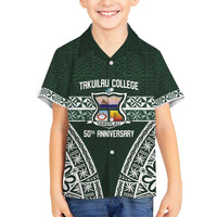 Personalised Tonga Takuilau College Family Matching Off Shoulder Short Dress and Hawaiian Shirt 50th Anniversary Ngatu Kupesi LT14 Son's Shirt Green - Polynesian Pride