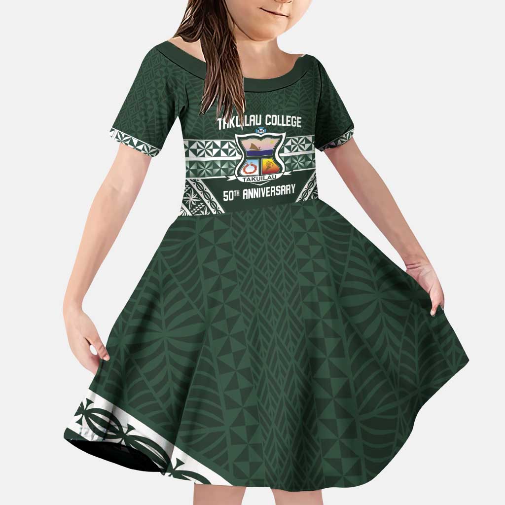 Personalised Tonga Takuilau College Family Matching Puletasi and Hawaiian Shirt 50th Anniversary Ngatu Kupesi LT14 Daughter's Dress Green - Polynesian Pride