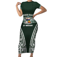Personalised Tonga Takuilau College Family Matching Short Sleeve Bodycon Dress and Hawaiian Shirt 50th Anniversary Ngatu Kupesi LT14 Mom's Dress Green - Polynesian Pride