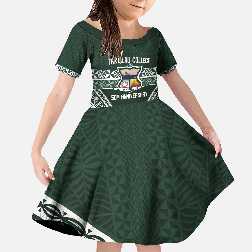 Personalised Tonga Takuilau College Family Matching Summer Maxi Dress and Hawaiian Shirt 50th Anniversary Ngatu Kupesi LT14 Daughter's Dress Green - Polynesian Pride