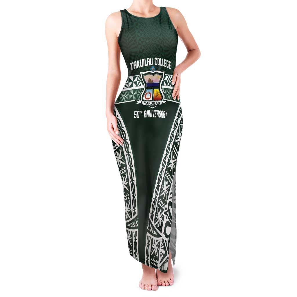 Personalised Tonga Takuilau College Family Matching Tank Maxi Dress and Hawaiian Shirt 50th Anniversary Ngatu Kupesi LT14 Mom's Dress Green - Polynesian Pride