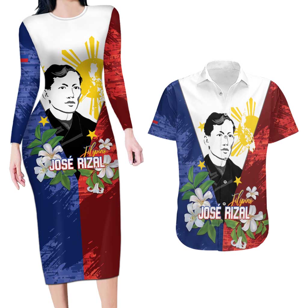 Philippines Rizal Day Couples Matching Long Sleeve Bodycon Dress and Hawaiian Shirt Filipino Sampaguita Grunge Style LT14 Blue - Polynesian Pride