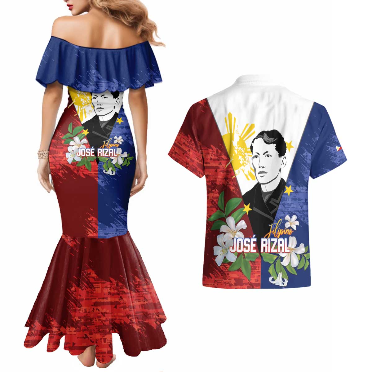 Philippines Rizal Day Couples Matching Mermaid Dress and Hawaiian Shirt Filipino Sampaguita Grunge Style LT14 - Polynesian Pride