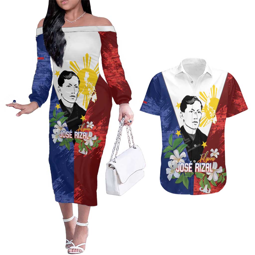 Philippines Rizal Day Couples Matching Off The Shoulder Long Sleeve Dress and Hawaiian Shirt Filipino Sampaguita Grunge Style LT14 Blue - Polynesian Pride