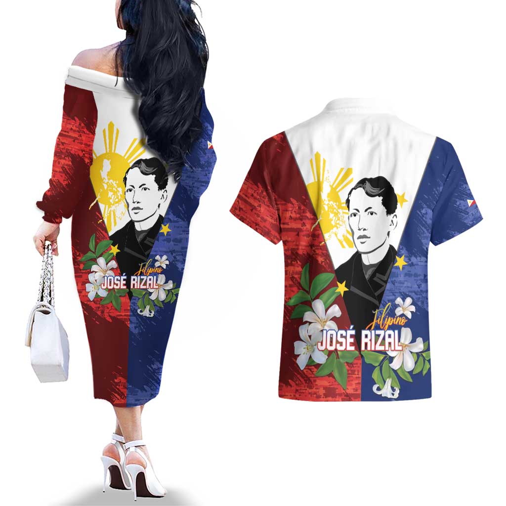 Philippines Rizal Day Couples Matching Off The Shoulder Long Sleeve Dress and Hawaiian Shirt Filipino Sampaguita Grunge Style LT14 - Polynesian Pride