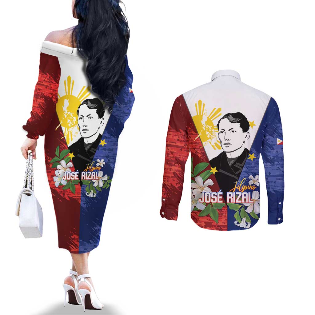 Philippines Rizal Day Couples Matching Off The Shoulder Long Sleeve Dress and Long Sleeve Button Shirt Filipino Sampaguita Grunge Style - Polynesian Pride