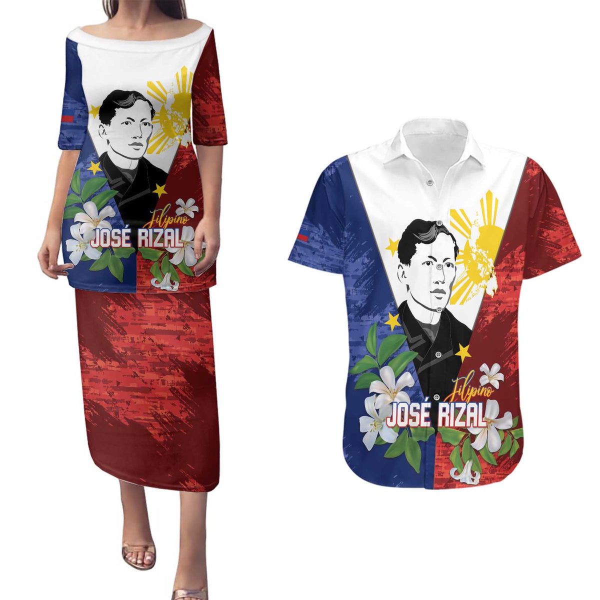 Philippines Rizal Day Couples Matching Puletasi and Hawaiian Shirt Filipino Sampaguita Grunge Style - Polynesian Pride