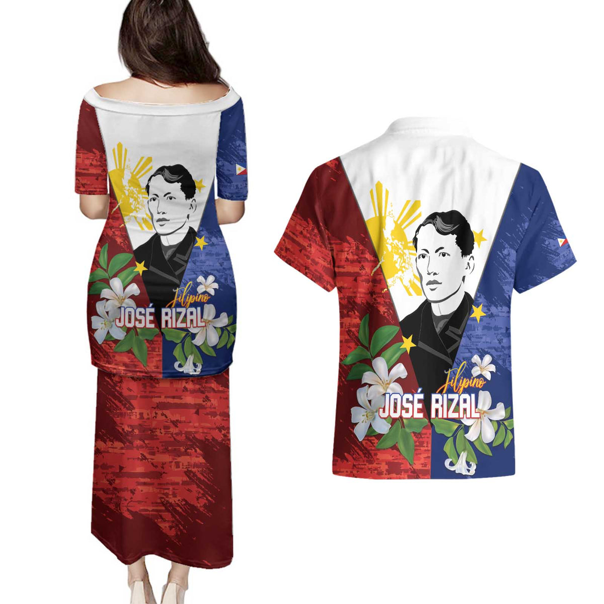 Philippines Rizal Day Couples Matching Puletasi and Hawaiian Shirt Filipino Sampaguita Grunge Style - Polynesian Pride