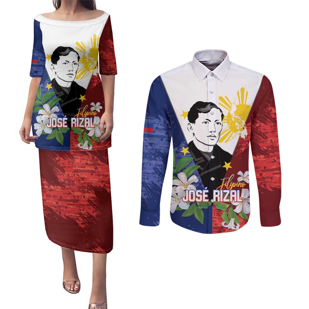 Philippines Rizal Day Couples Matching Puletasi and Long Sleeve Button Shirt Filipino Sampaguita Grunge Style - Polynesian Pride