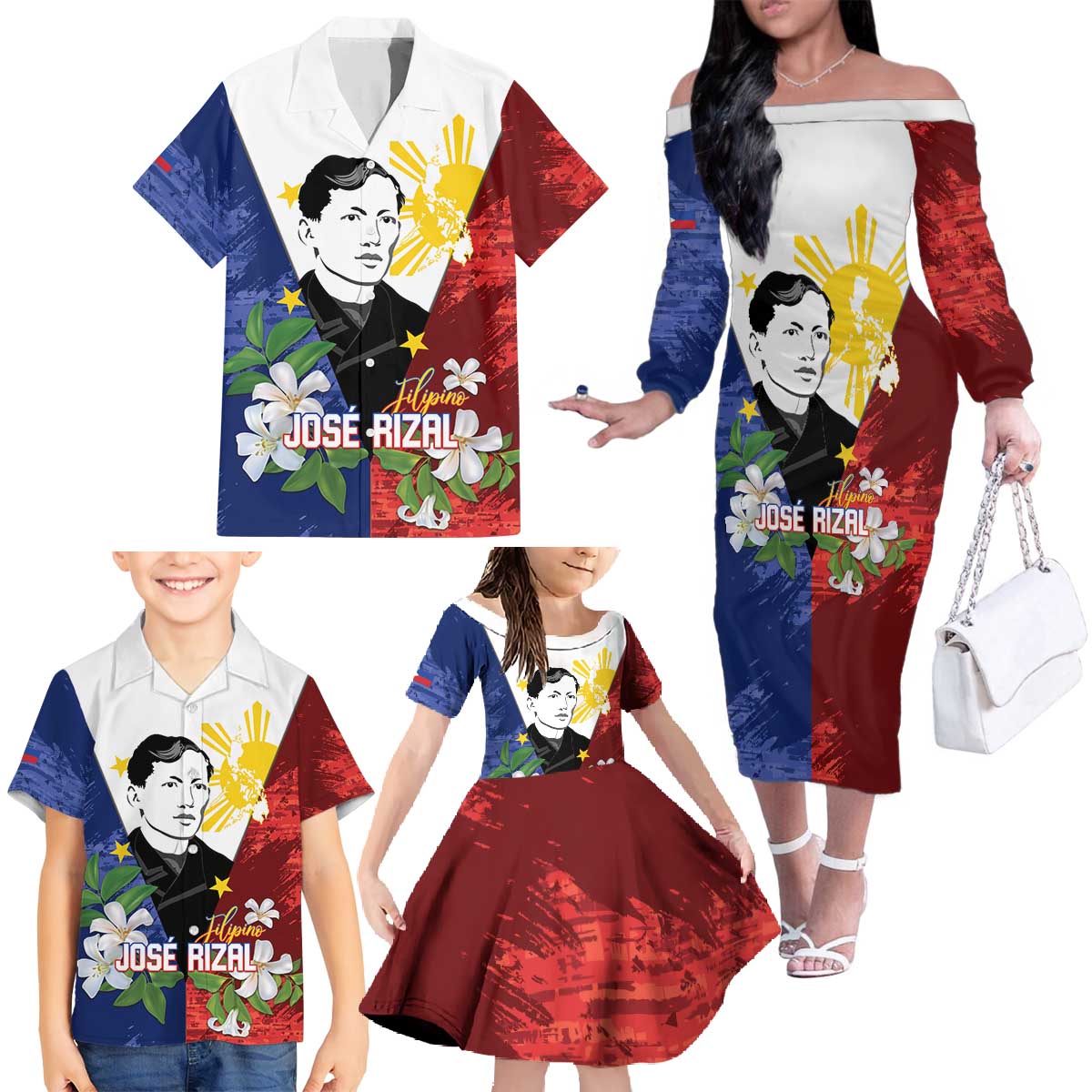 Philippines Rizal Day Family Matching Off The Shoulder Long Sleeve Dress and Hawaiian Shirt Filipino Sampaguita Grunge Style LT14 - Polynesian Pride